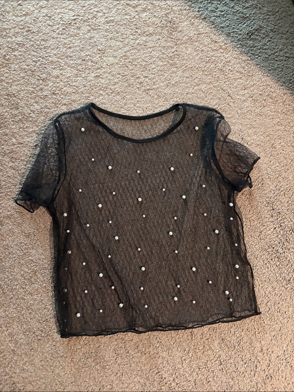Sheer Black Pearl-Embellished Short Sleeve Crop Top